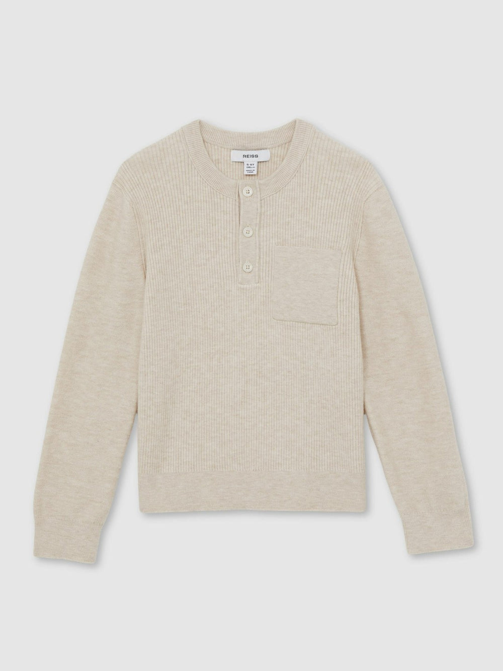 Reiss | 3-9 yrs Cotton-Blend Rib-Knit Henley Top in Oatmeal Melange