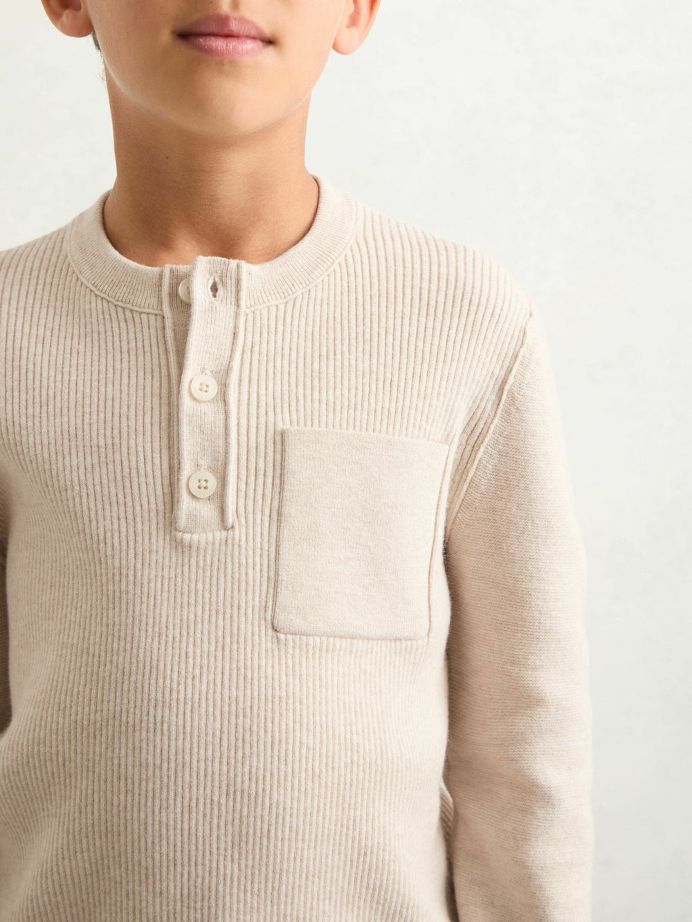 Reiss | 3-9 yrs Cotton-Blend Rib-Knit Henley Top in Oatmeal Melange