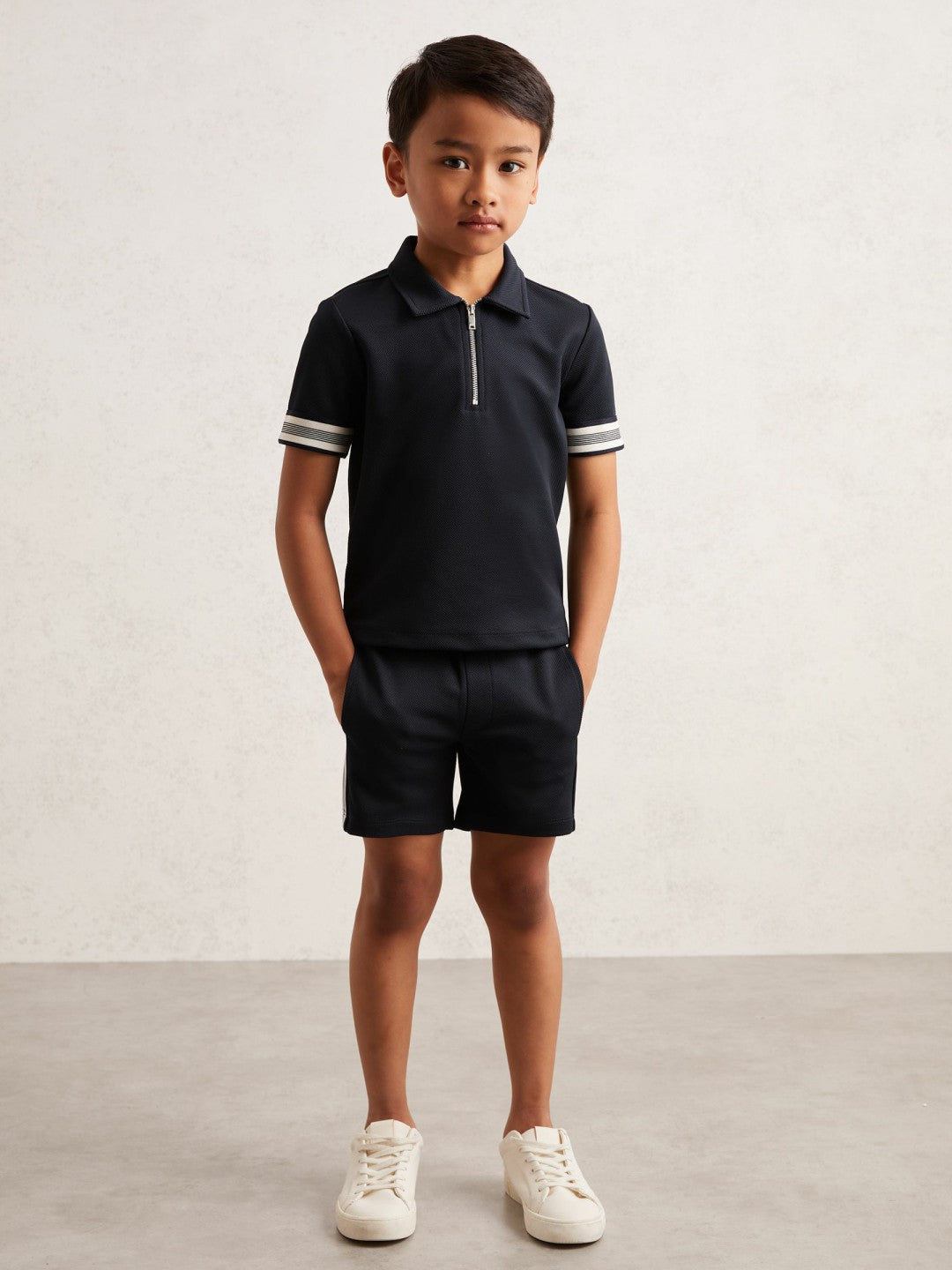 Reiss | 9-13 yrs Textured Half Zip Polo Shirt in Navy Blue