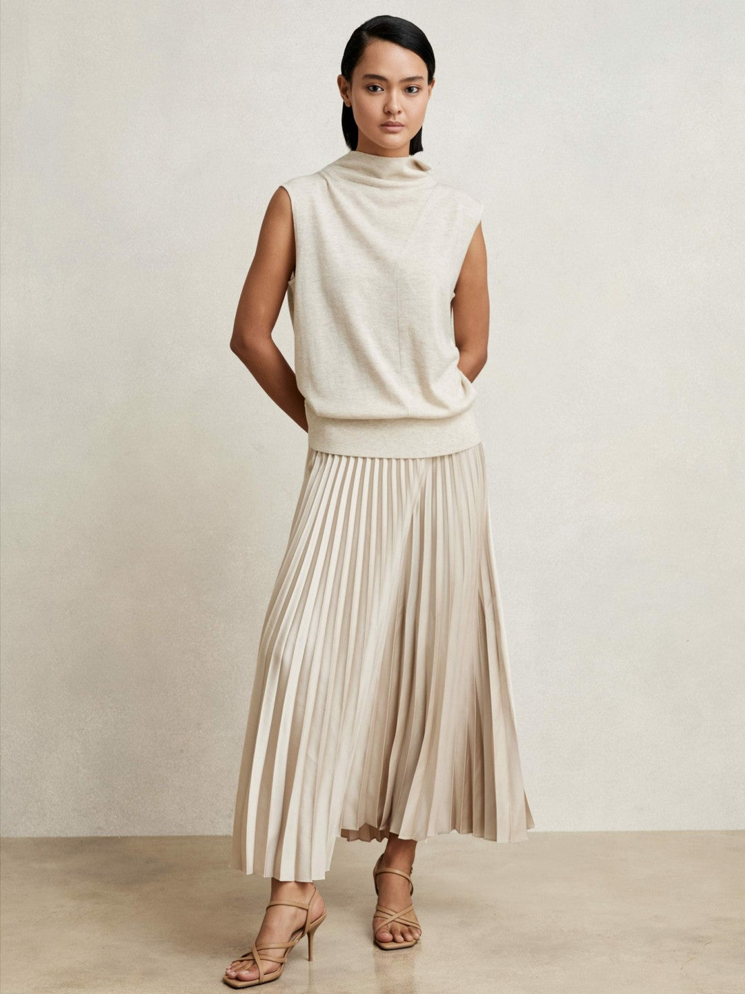 Reiss | Pleated Midi Skirt in Champagne Neutral