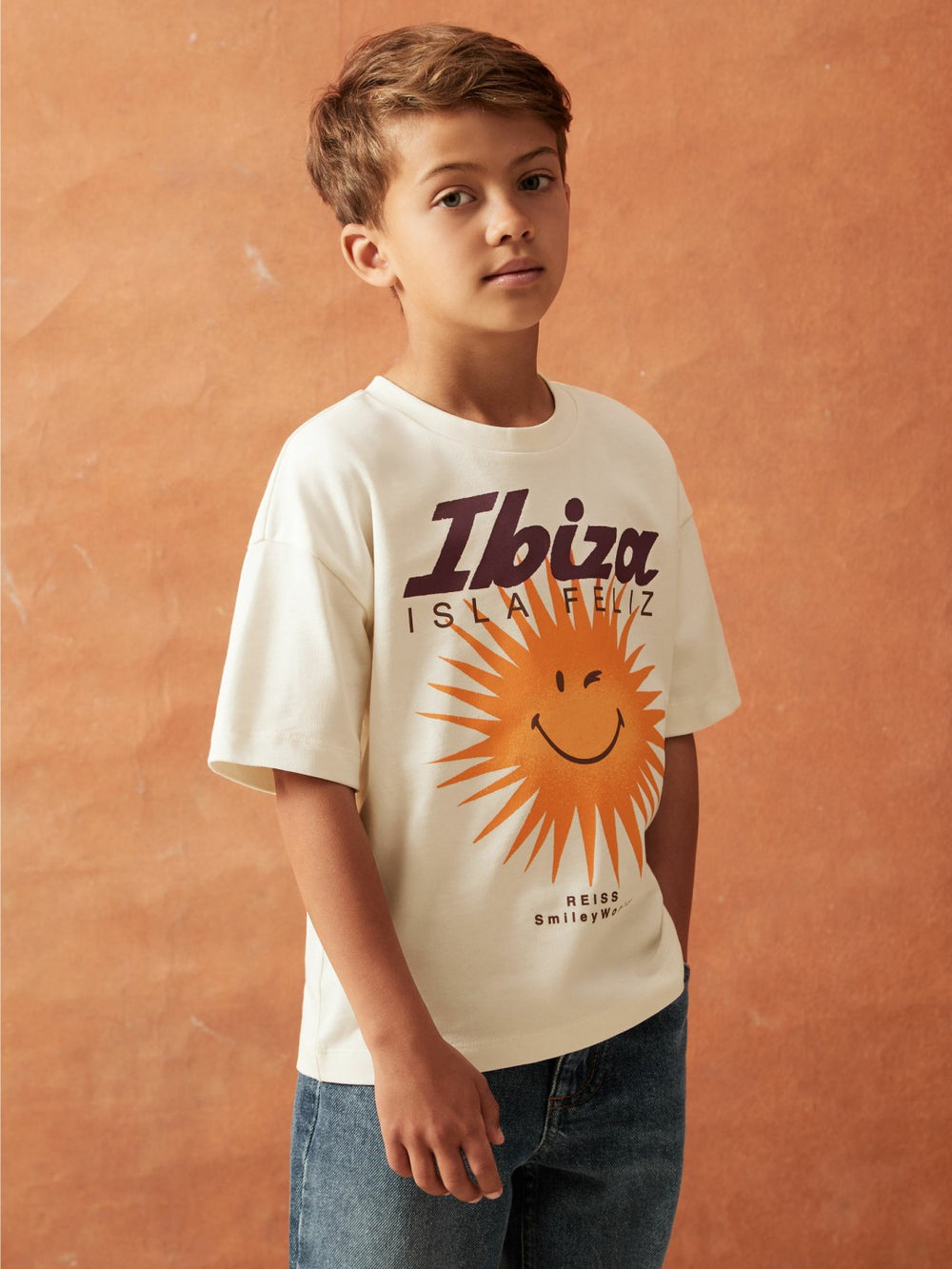Reiss | 3-9 yrs SmileyWorld Sun Motif T-Shirt in Off White