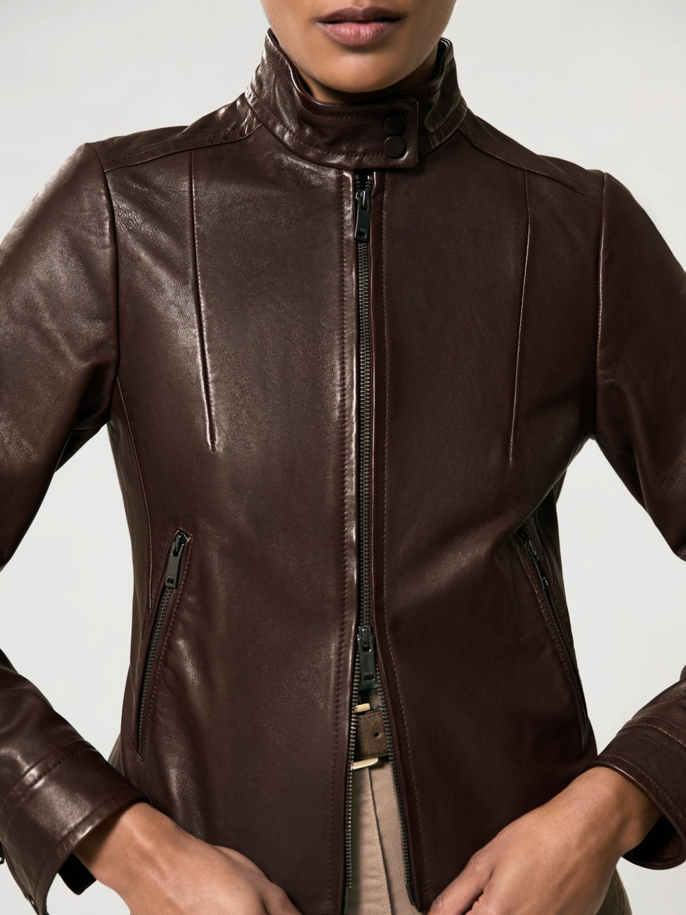 Reiss | Fitted Leather Biker Jacket in Burgundy