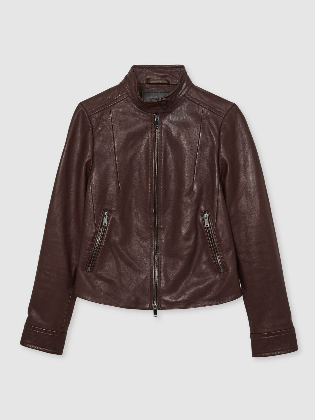 Reiss | Fitted Leather Biker Jacket in Burgundy