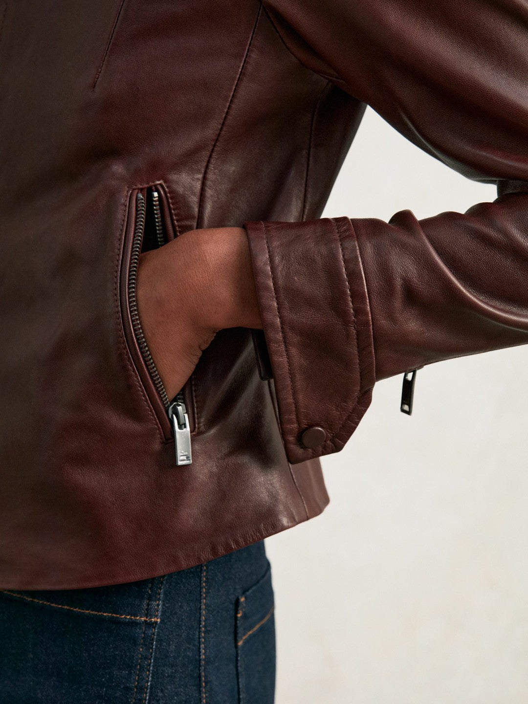 Reiss | Fitted Leather Biker Jacket in Burgundy