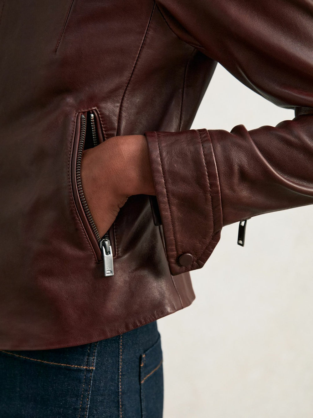 Reiss | Fitted Leather Biker Jacket in Burgundy