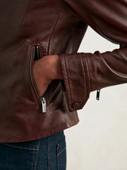 Reiss | Fitted Leather Biker Jacket in Burgundy