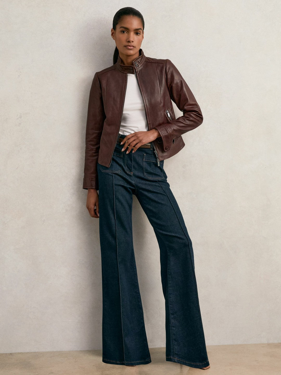 Reiss | Fitted Leather Biker Jacket in Burgundy