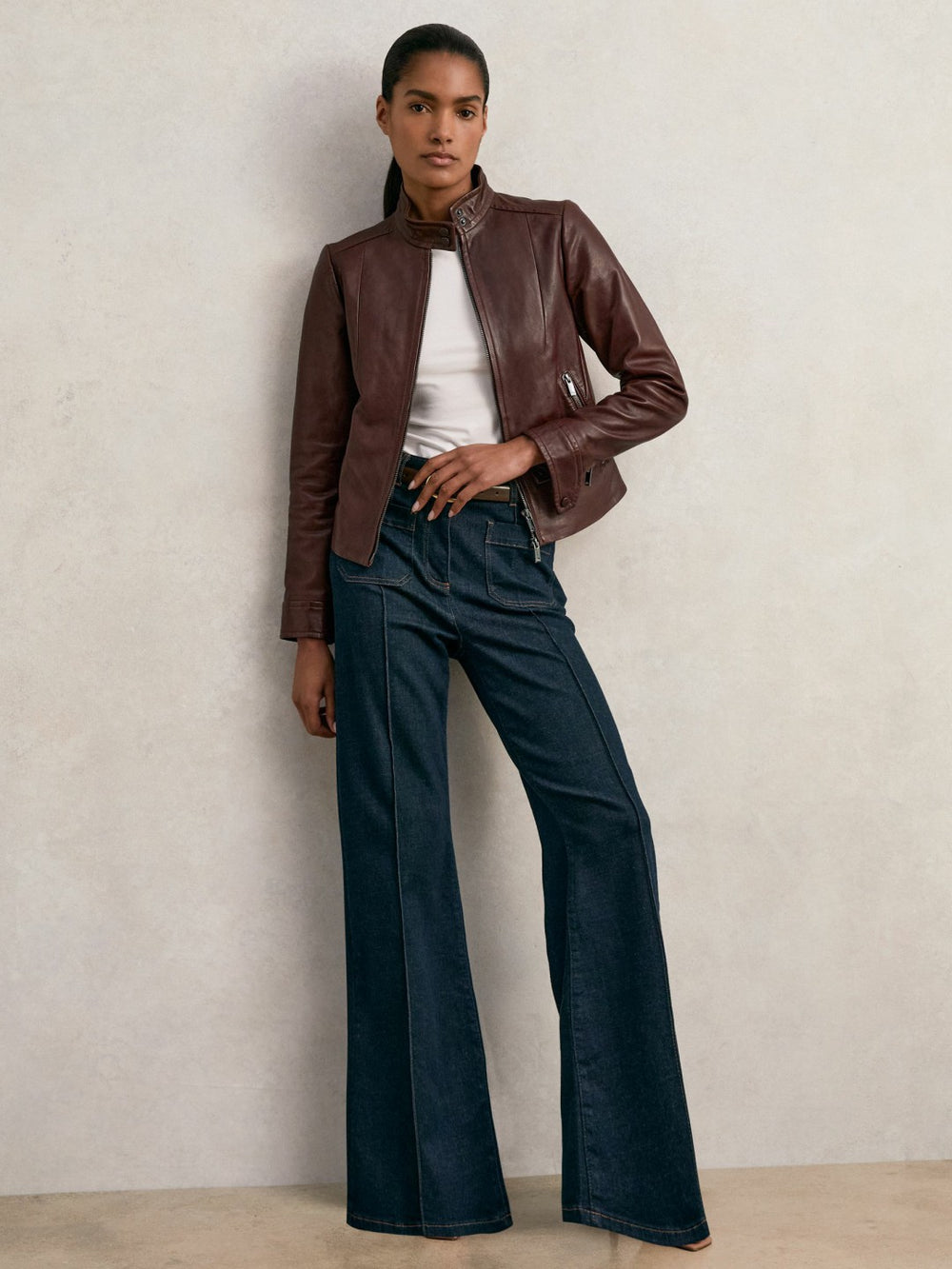 Reiss | Fitted Leather Biker Jacket in Burgundy