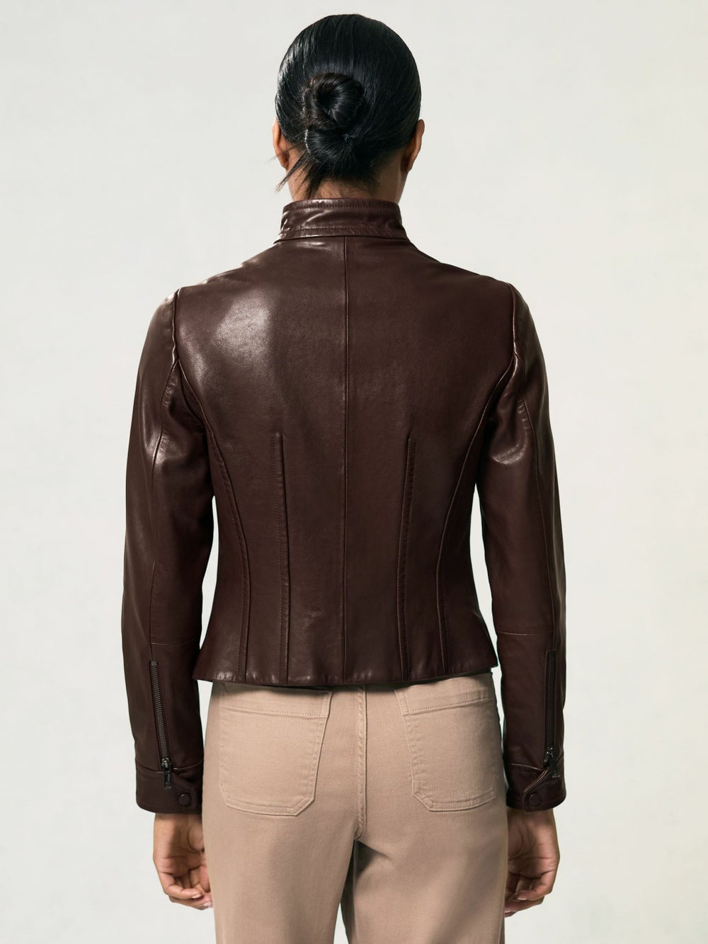 Reiss | Fitted Leather Biker Jacket in Burgundy