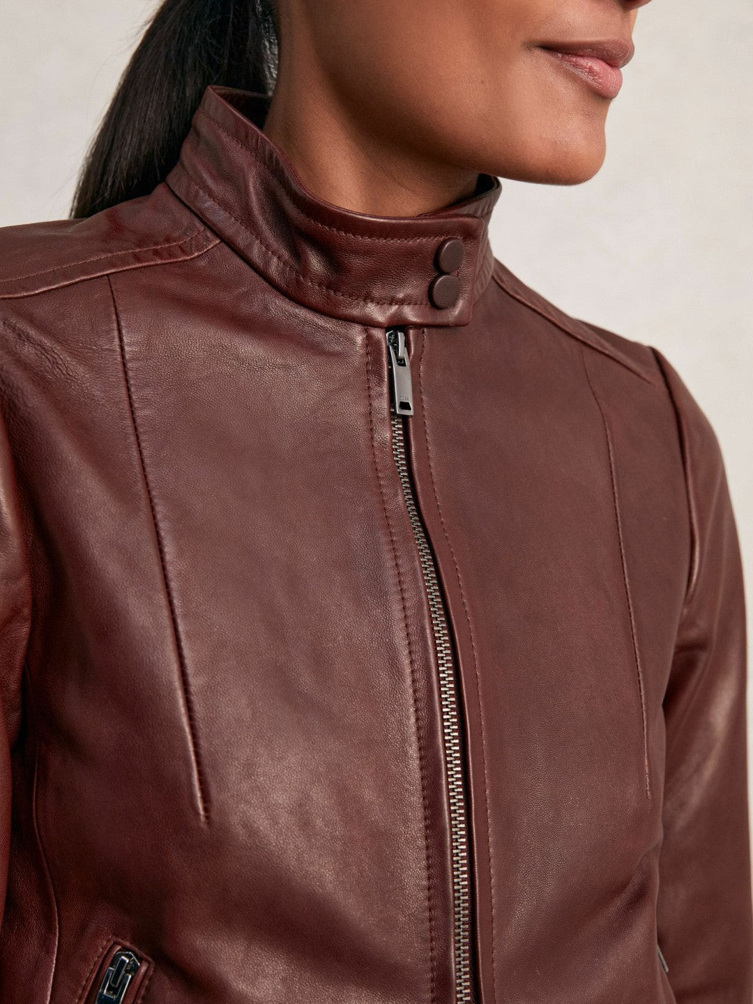 Reiss | Fitted Leather Biker Jacket in Burgundy