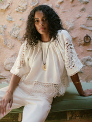 Reiss | Linen Embroidered Swing Top in Ivory