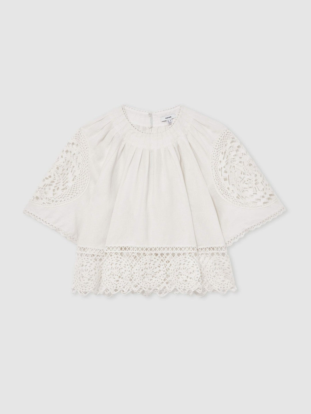 Reiss | Linen Embroidered Swing Top in Ivory