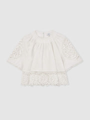Reiss | Linen Embroidered Swing Top in Ivory