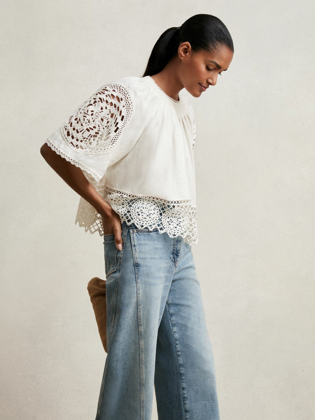 Reiss | Linen Embroidered Swing Top in Ivory