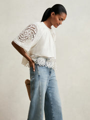 Reiss | Linen Embroidered Swing Top in Ivory