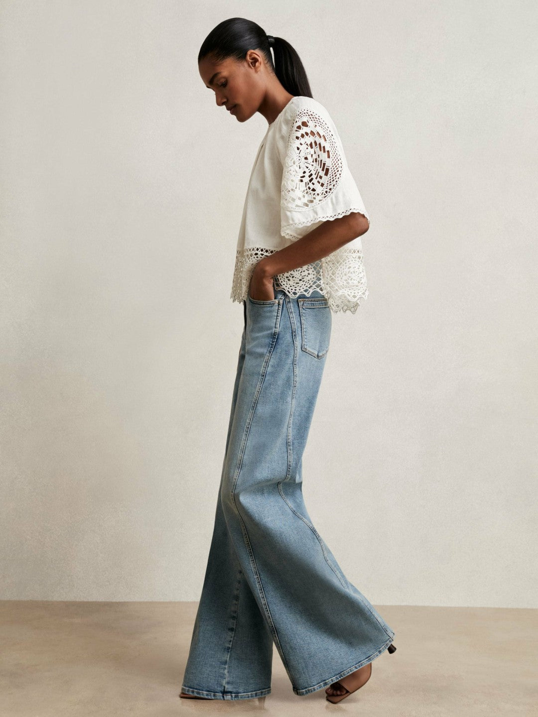 Reiss | Linen Embroidered Swing Top in Ivory