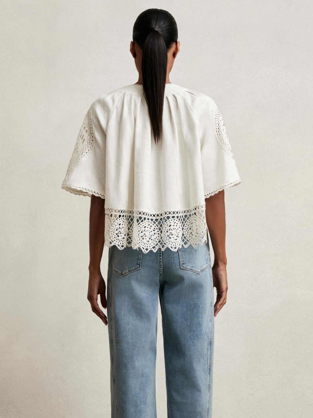 Reiss | Linen Embroidered Swing Top in Ivory