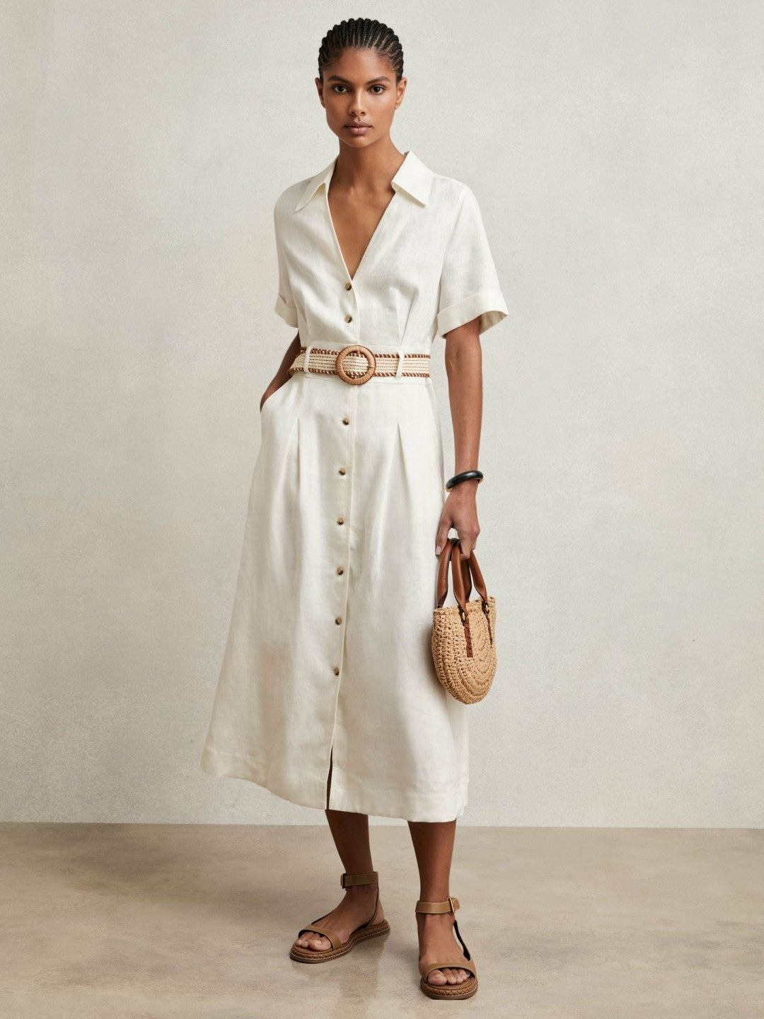 Reiss | Petite Linen Belted Midi Shirt Dress in Ivory
