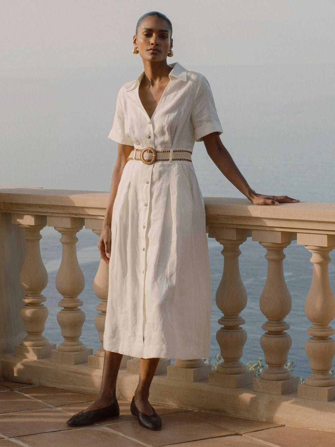 Reiss | Petite Linen Belted Midi Shirt Dress in Ivory