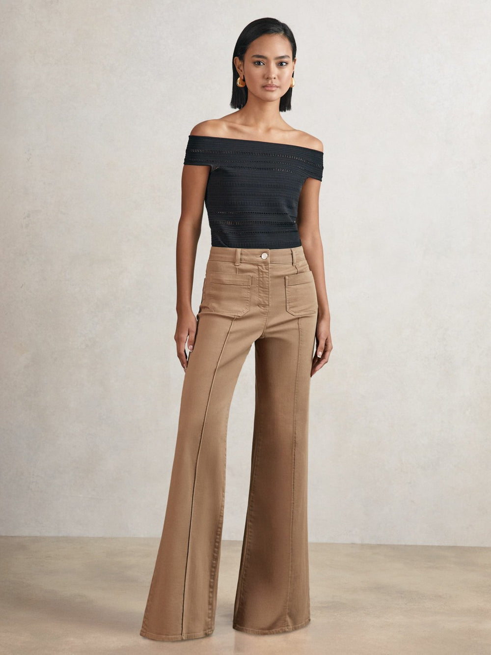 Reiss | Petite Patch-Pocket Flared Jeans in Taupe Neutral
