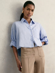 Reiss | Oversize Linen Cropped Shirt in Blue
