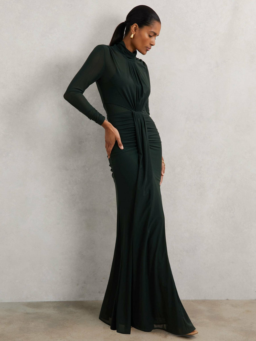 Reiss | Ruched Long-Sleeve Maxi Dress in Dark Green