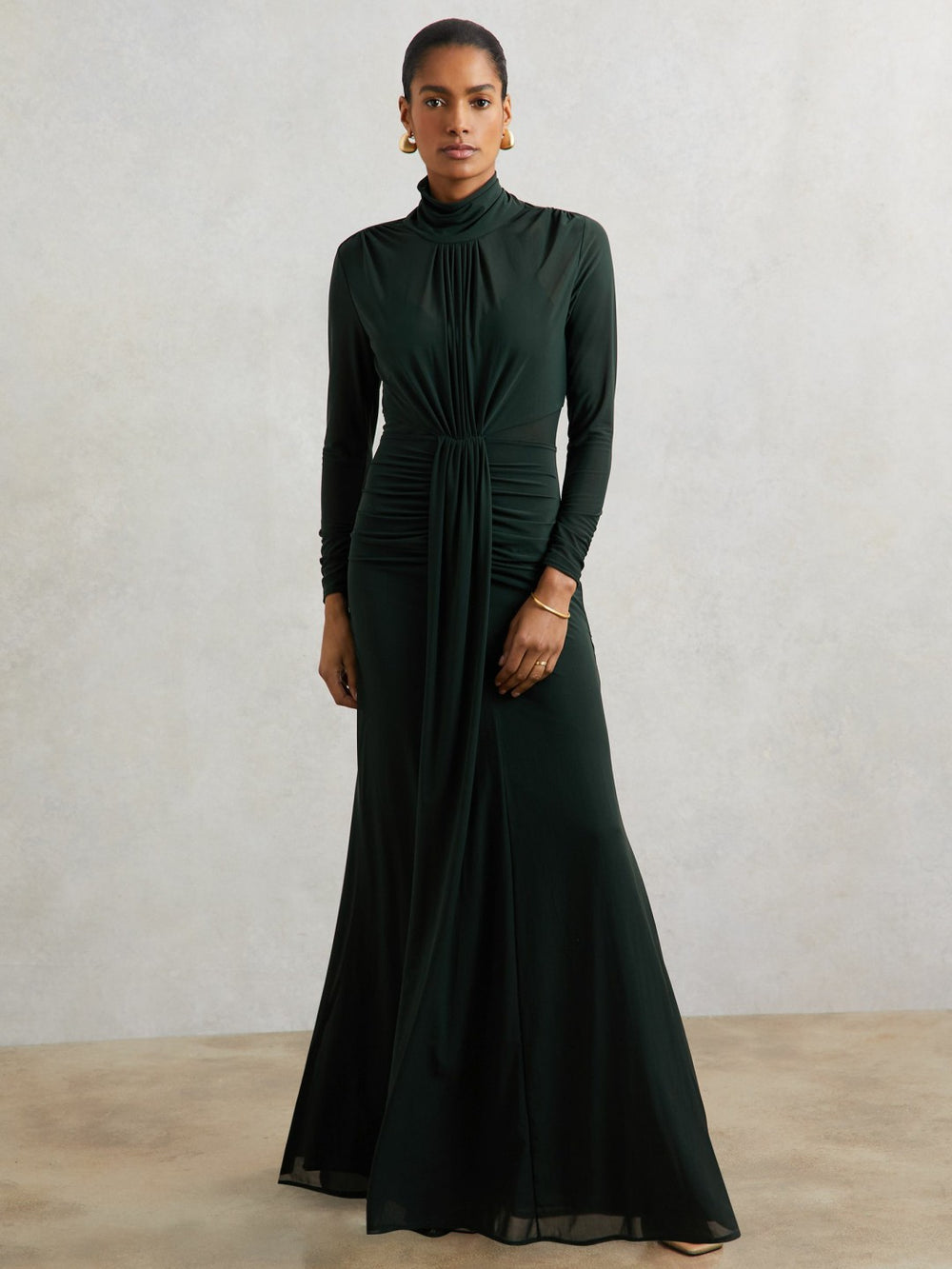 Reiss | Ruched Long-Sleeve Maxi Dress in Dark Green