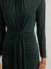 Reiss | Ruched Long-Sleeve Maxi Dress in Dark Green
