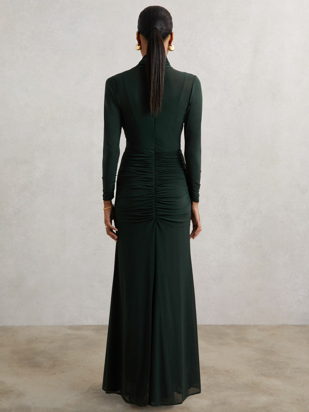Reiss | Ruched Long-Sleeve Maxi Dress in Dark Green