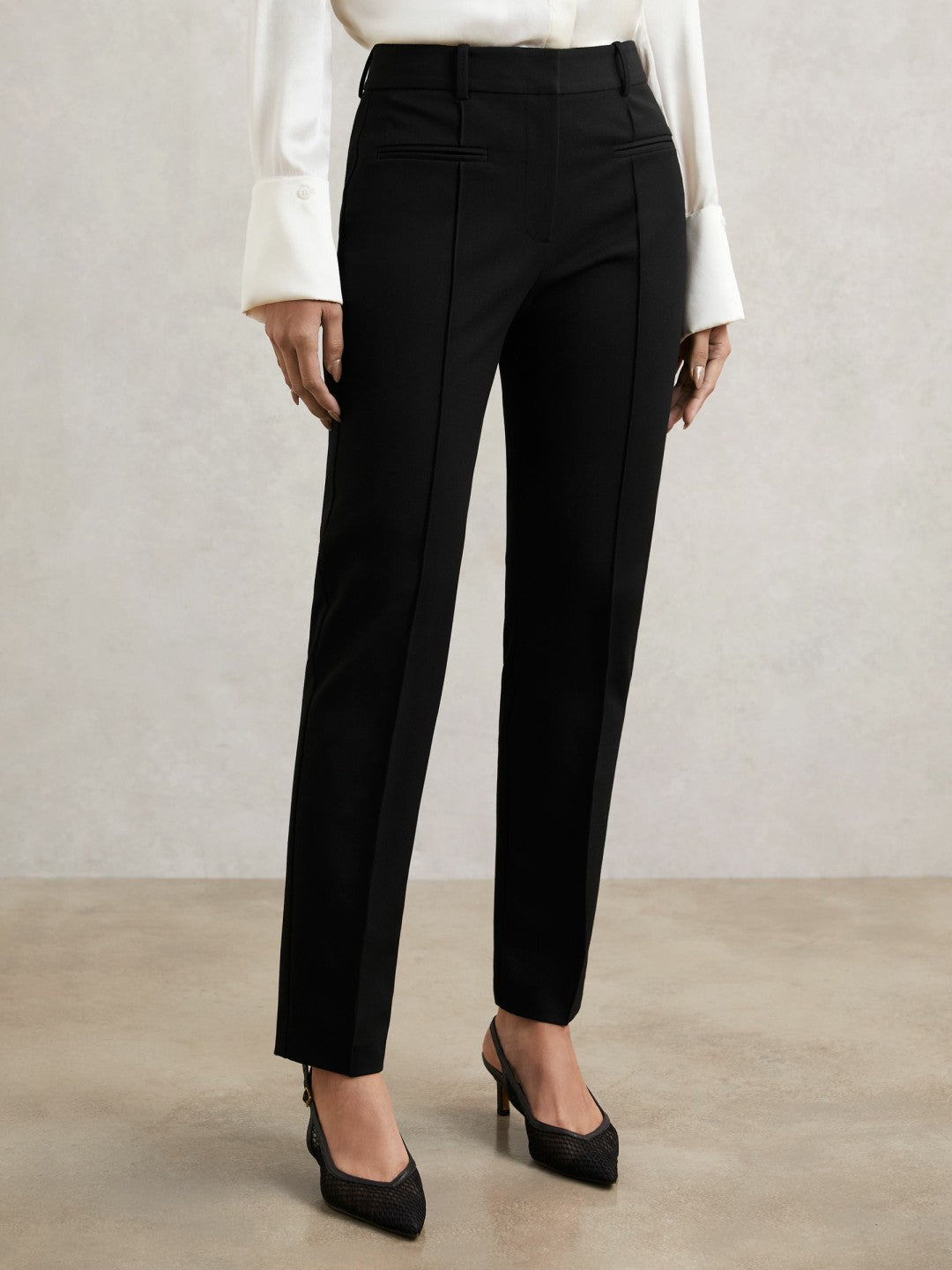 Reiss | Petite Pintuck Tapered Trousers in Black