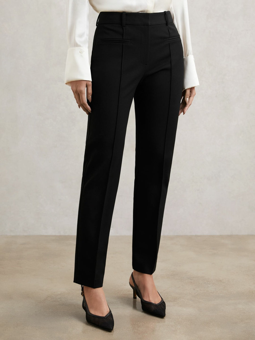 Reiss | Petite Pintuck Tapered Trousers in Black
