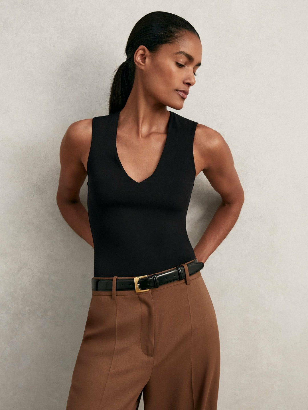 Reiss | V-Neck Sleeveless Bodysuit in Black