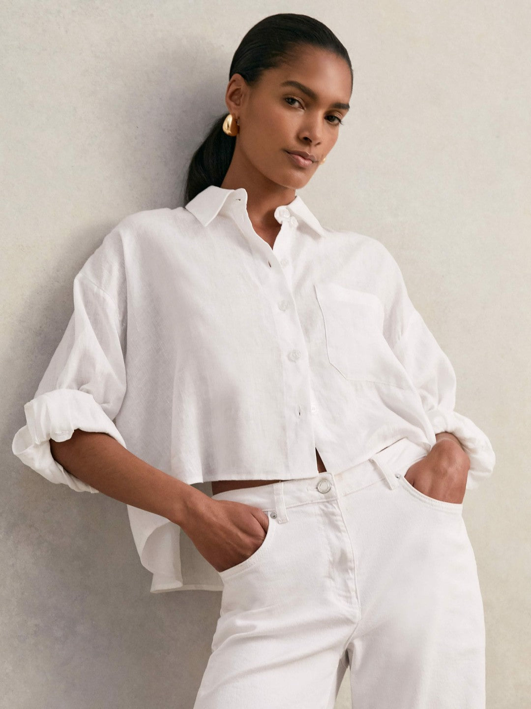 Reiss | Oversize Linen Cropped Shirt in White