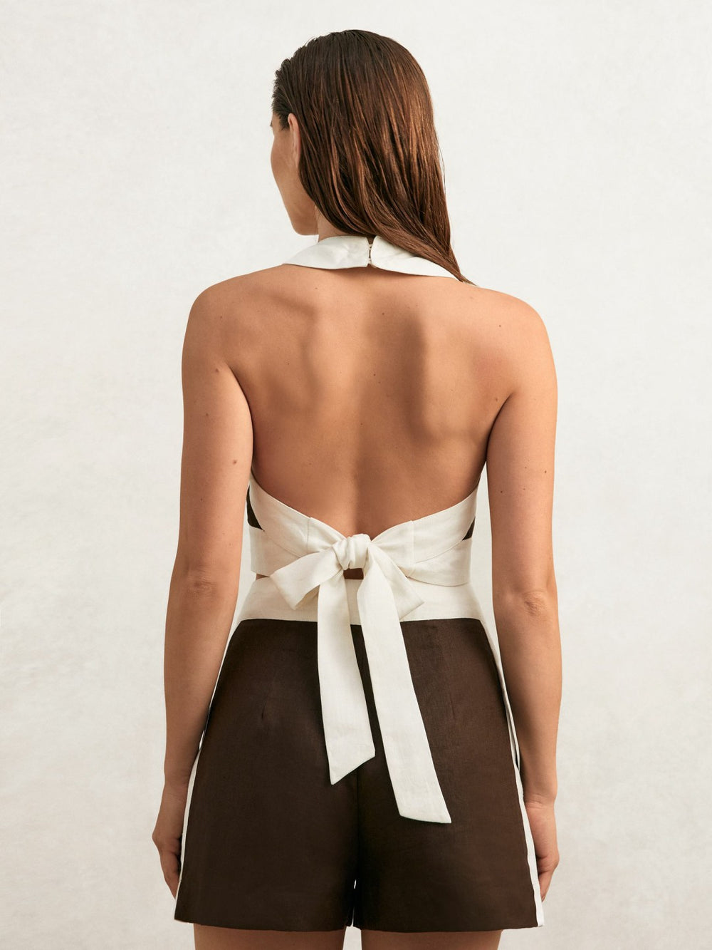 Reiss | Linen Colourblock Shorts in Chocolate/Cream