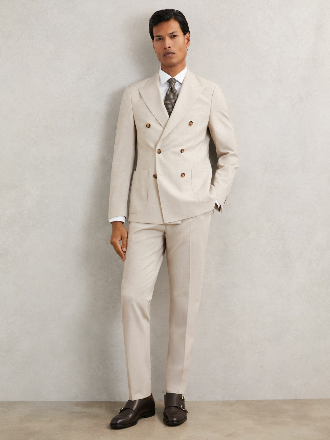 Reiss | Slim-Fit Textured Suit Trousers With Wool in Stone