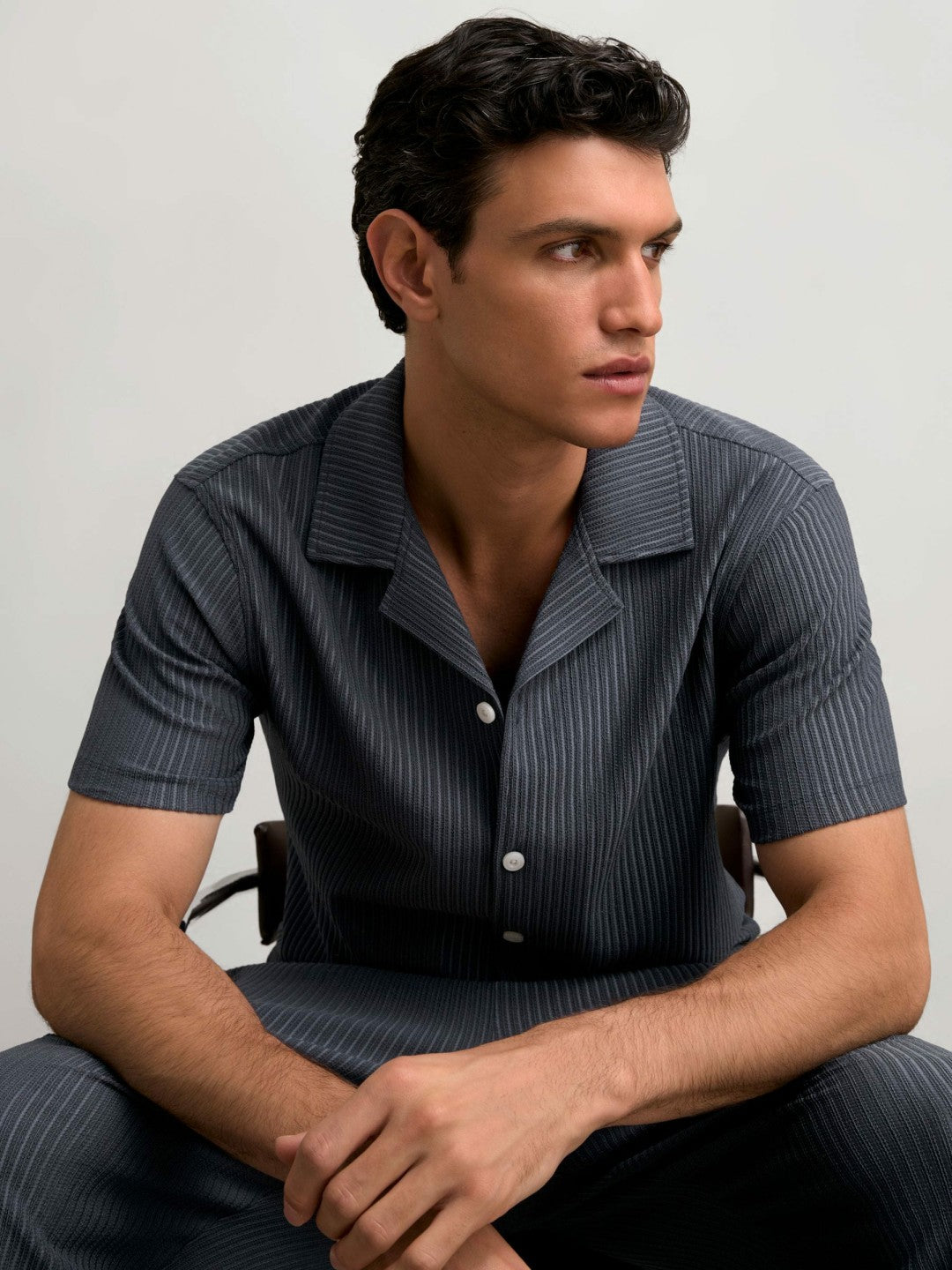 Reiss | Textured-Stripe Cuban-Collar Shirt in Petrol Blue