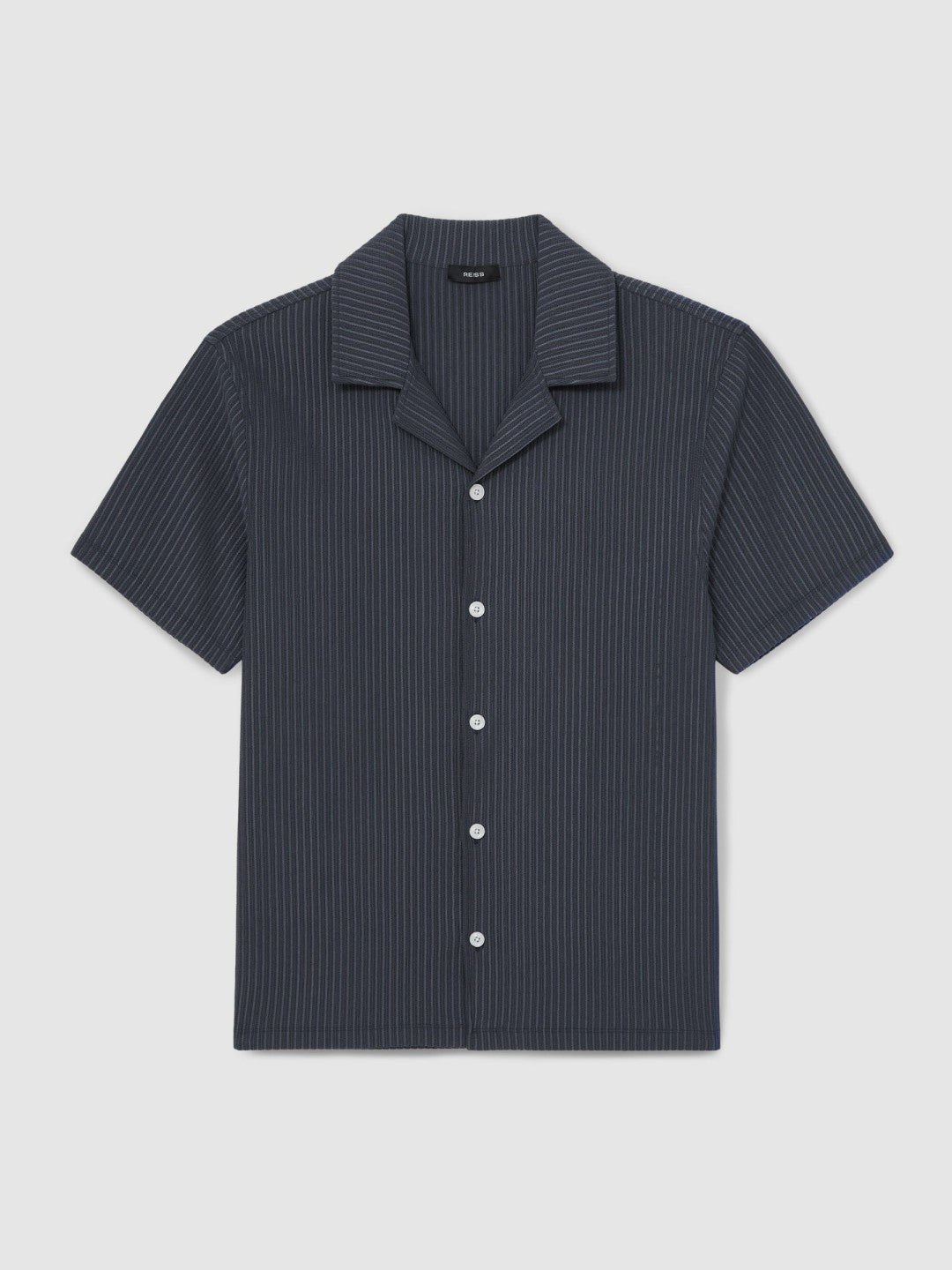Reiss | Textured-Stripe Cuban-Collar Shirt in Petrol Blue