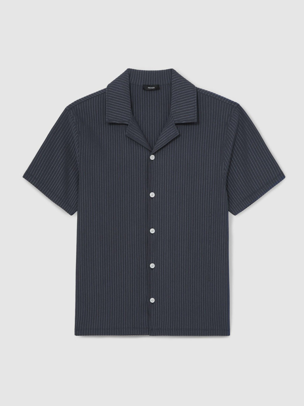 Reiss | Textured-Stripe Cuban-Collar Shirt in Petrol Blue