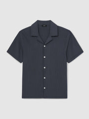 Reiss | Textured-Stripe Cuban-Collar Shirt in Petrol Blue