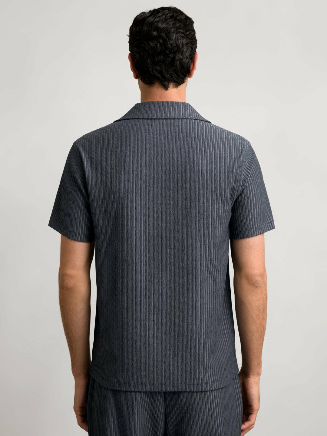 Reiss | Textured-Stripe Cuban-Collar Shirt in Petrol Blue