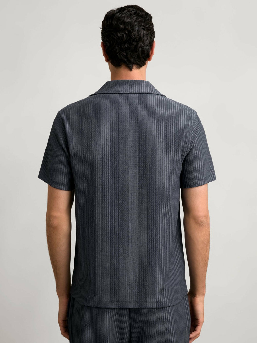 Reiss | Textured-Stripe Cuban-Collar Shirt in Petrol Blue