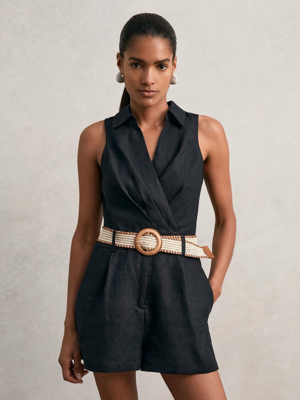 Reiss | Linen Belted Sleeveless Wrap Playsuit in Navy