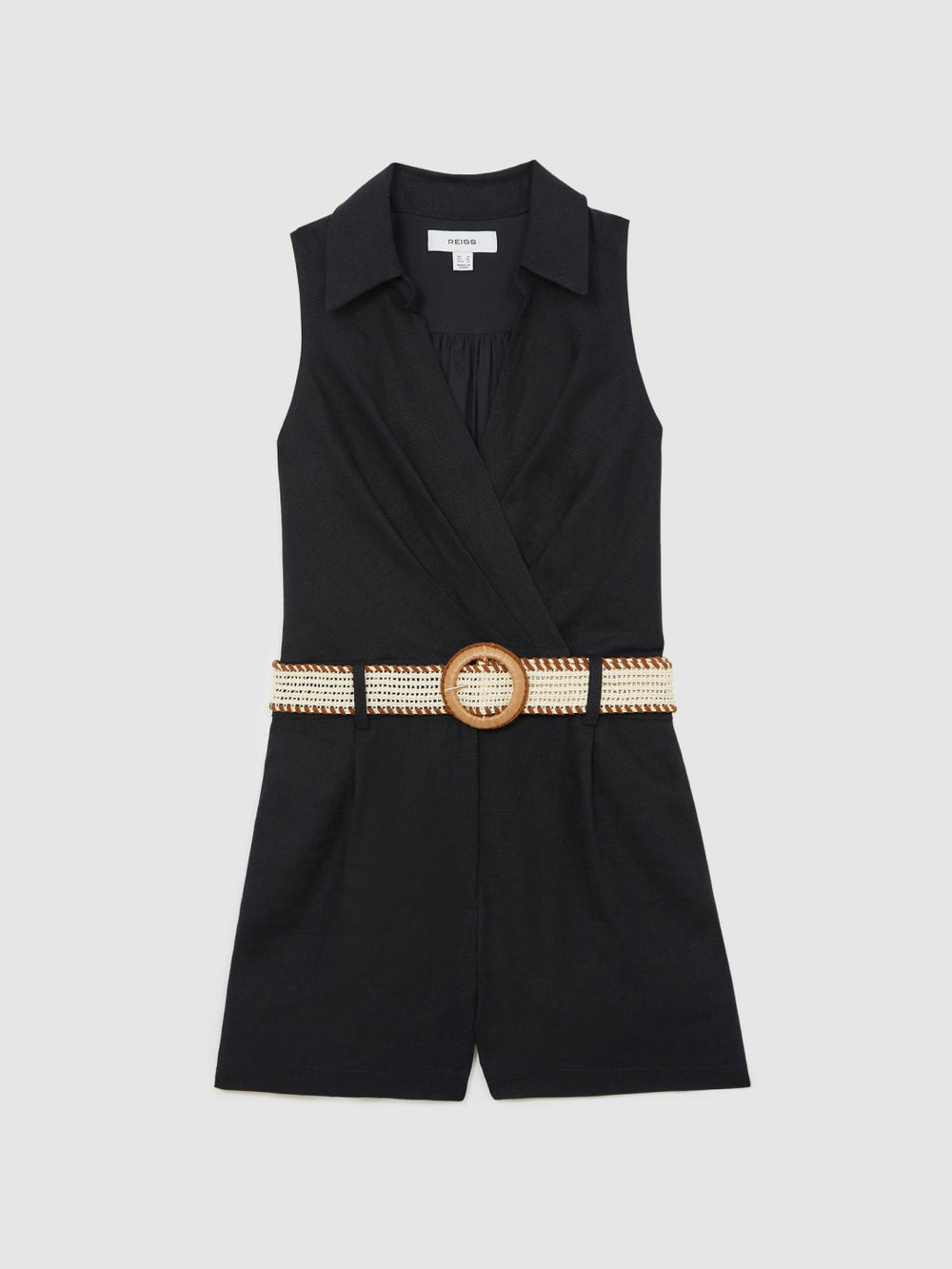 Reiss | Linen Belted Sleeveless Wrap Playsuit in Navy