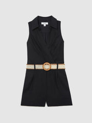 Reiss | Linen Belted Sleeveless Wrap Playsuit in Navy