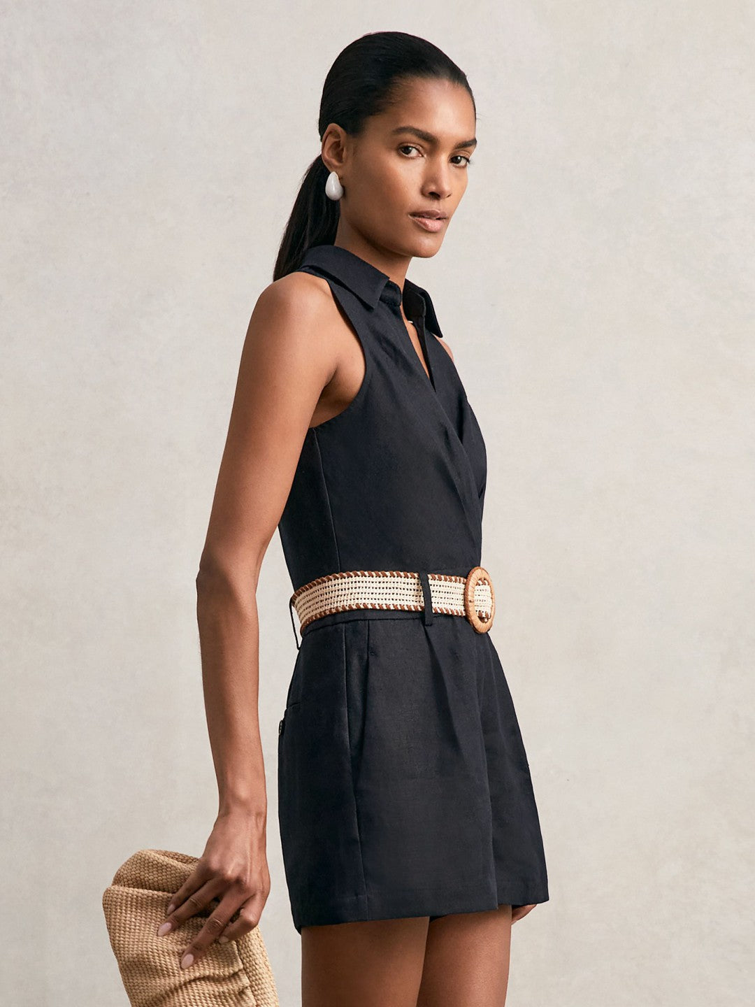 Reiss | Linen Belted Sleeveless Wrap Playsuit in Navy