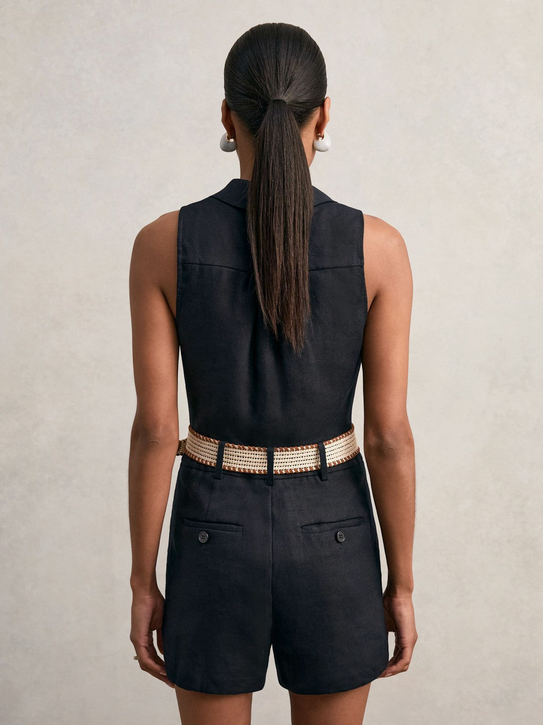 Reiss | Linen Belted Sleeveless Wrap Playsuit in Navy