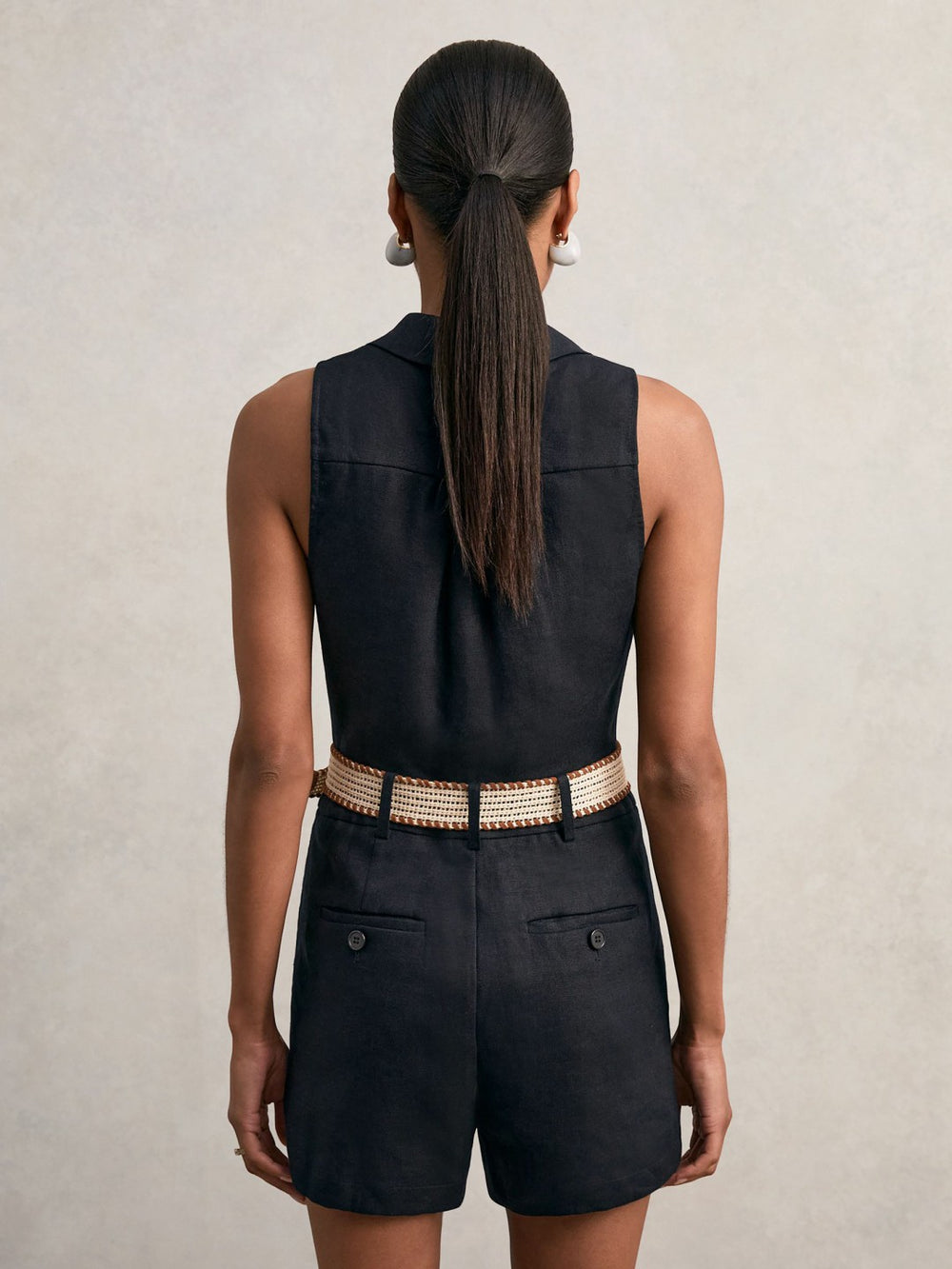 Reiss | Linen Belted Sleeveless Wrap Playsuit in Navy