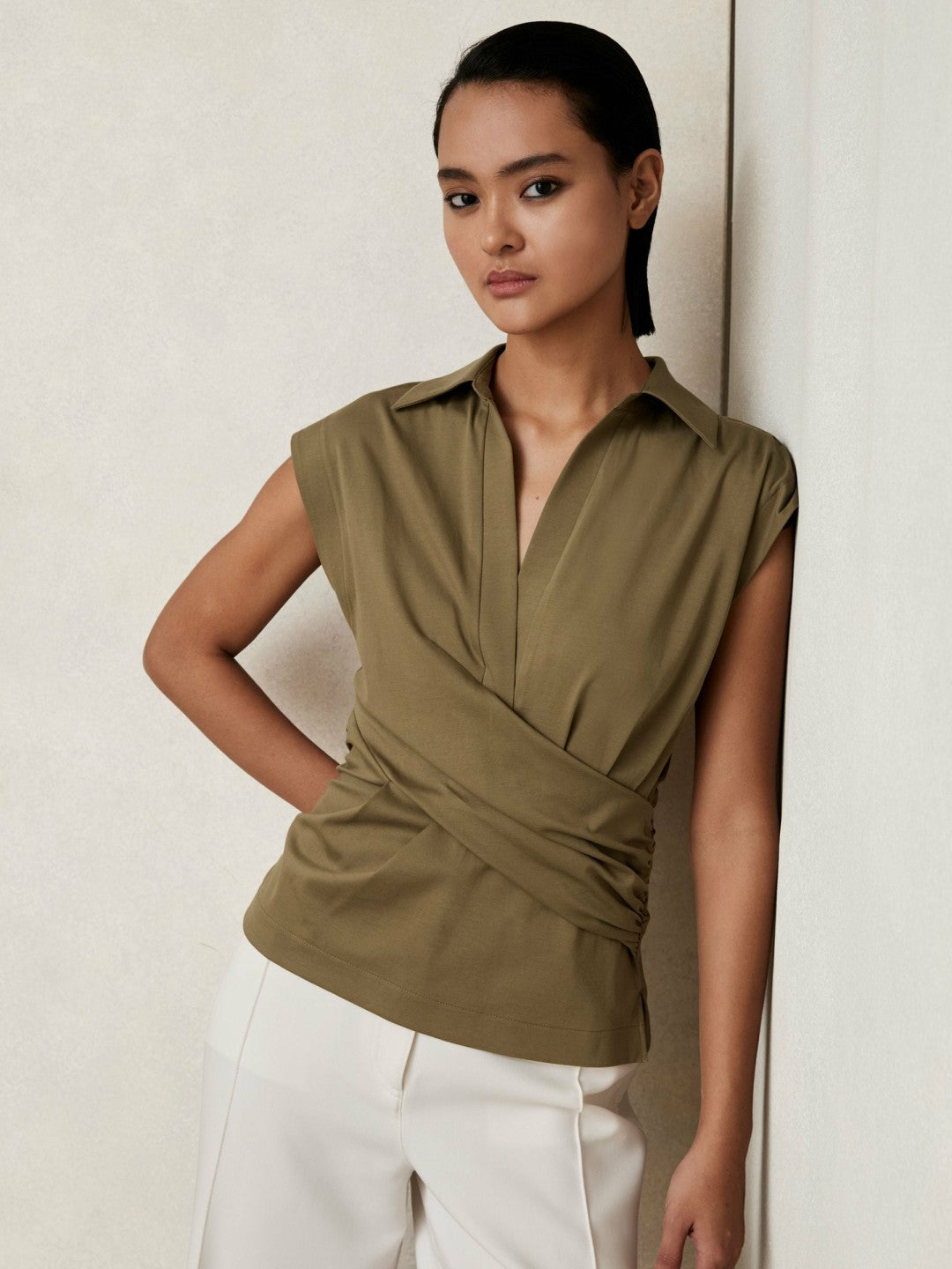 Reiss | Stretch-Cotton Wrap-Front Collar Top in Khaki Green