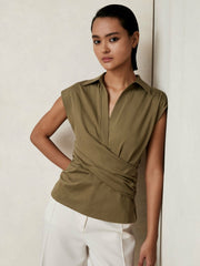 Reiss | Stretch-Cotton Wrap-Front Collar Top in Khaki Green