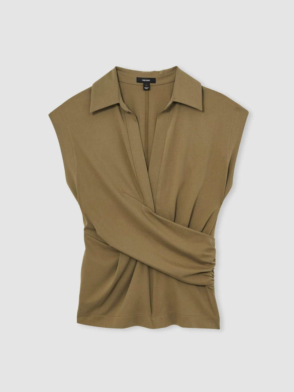 Reiss | Stretch-Cotton Wrap-Front Collar Top in Khaki Green